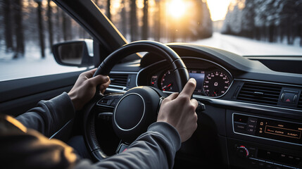 close up of hands on steering wheel in car at sunset in snowy pa - obrazy, fototapety, plakaty