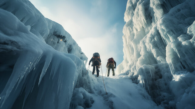climbers ascending a frozen waterfall in winter