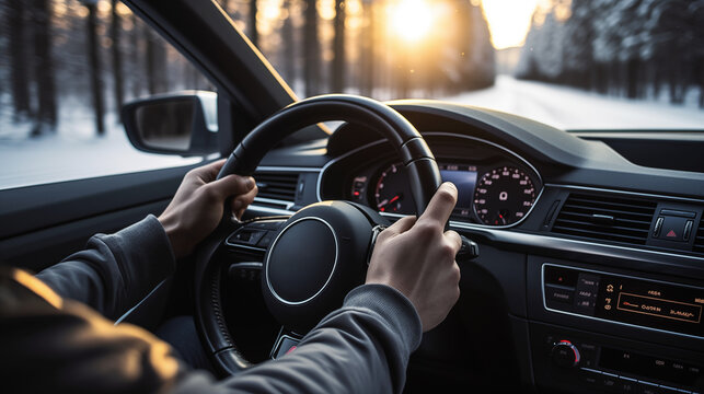 close up of hands on steering wheel in car at sunset in snowy pa