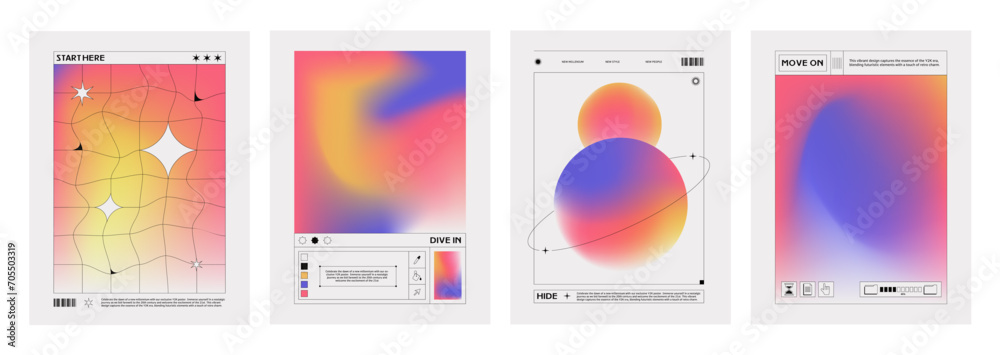 Poster retro poster or cover template in y2k aesthetic style with fluid color gradient background and grid 