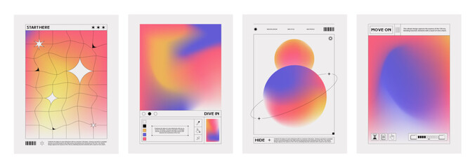 Retro poster or cover template in y2k aesthetic style with fluid color gradient background and grid abstract shape elements and text. Vector set of banner template in pastel iridescent colors. - obrazy, fototapety, plakaty