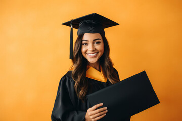 Smiling young woman in graduation cap and gown holding a diploma against an orange background. - Powered by Adobe