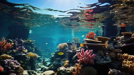 underwater scene with coral reefs and world ocean wildlife landscape