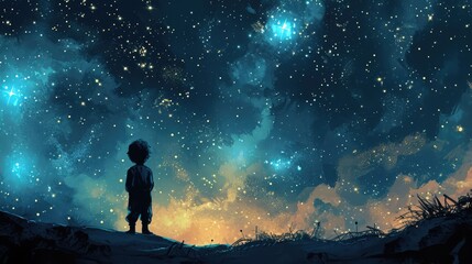 Cartoon little boy standing looking at a sky full of stars, AI generated Image