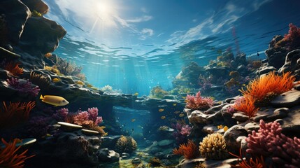 Underwater view of coral reefs and fish. Life in the ocean.