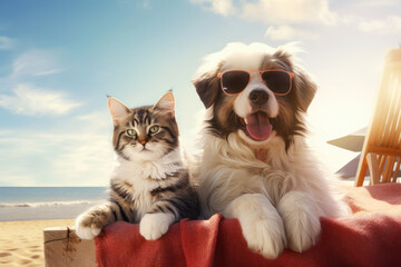 A cat and dog with sunglasses pose on a sunny beach. Witness their adorable friendship captured by AI Generative studio art.