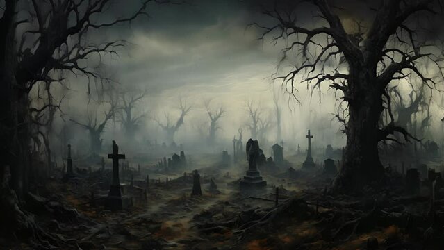 A decrepit graveyard surrounded by twisted skeletal trees the murky air carrying the wispy whispers of the dead which subsist in its hallowed ground.