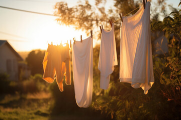 A line of brightly coloured clothing hangs in the sun, showcasing the vibrant beauty of freshly laundered clothes. AI generative.