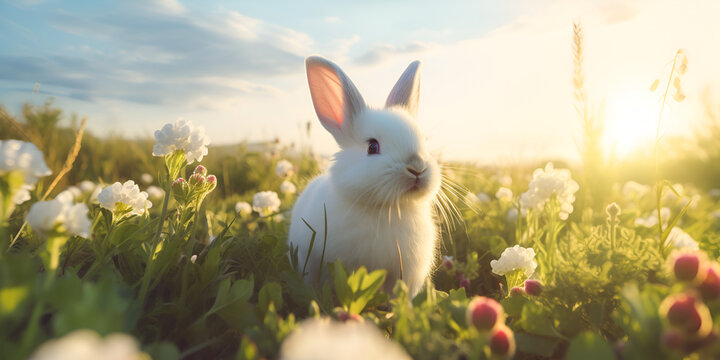A white rabbit stands in a field of grass,
A white rabbit in a field of flowers