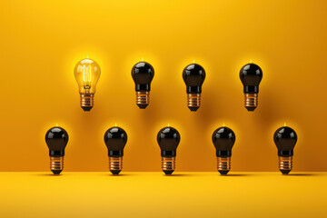 Shining light bulb on yellow background. Symbolizes creativity and innovation. AI Generative.