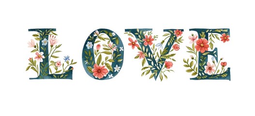 Floral typography design with botanical elements spelling love. Artistic decor and design.