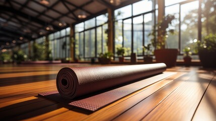 Open yoga mat on wooden floor in modern fitness center - Powered by Adobe