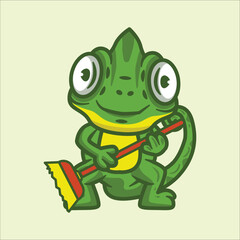 Cute chameleon holding a broom cartoon vector illustration