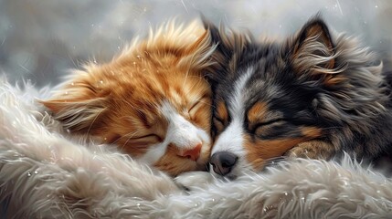 Naklejka na ściany i meble Cat Dog Sleeping Pets Embracing, Desktop Wallpaper Backgrounds, Background HD For Designer