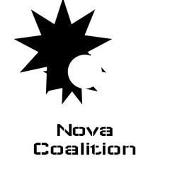 Obraz premium Nova coalition text in black with two black stars and white circle logo on white background