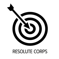 Resolute corps text in black with black arrow in target bulls eye logo on white background