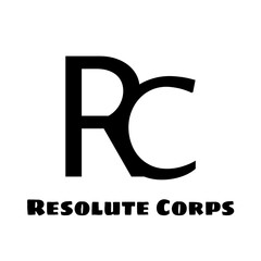 Resolute corps text in black with black r and c letters logo on white background