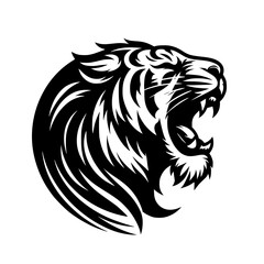 Vector logo of a roaring tiger. Black and white illustration of tiger hiss. vector logo for brand, emblem, tattoo.