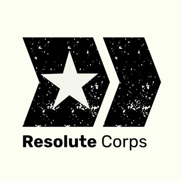 Resolute corps text in black with distressed black chevrons and cut out star logo on off white