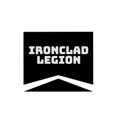 Ironclad legion text in white with chevron logo in black rectangle on white background