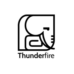 Thunder fire text in black with square elephant outline logo on white background