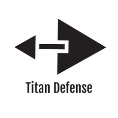 Titan defense text in black with black triangles and dash logo on white background