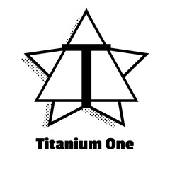 Titanium one text with black t letter on white triangle and star outline on white background