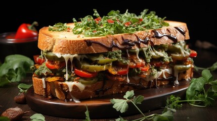 Vegetable Toste Sandwich on wooden plate with onions, tomatoes capsicums, green sauce.