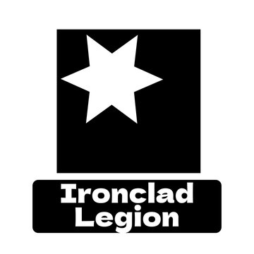 Ironclad legion text in white on black with white star in black square logo on white background