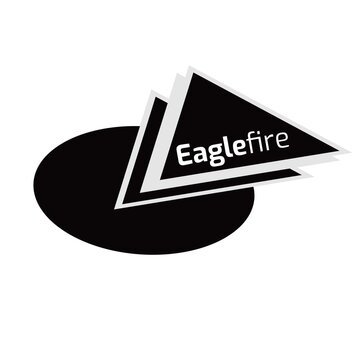 Eagle fire text in white on black oval and black and grey triangles logo on white background