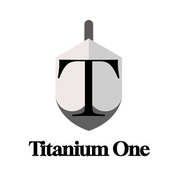 Titanium one text in black with black t letter on grey shield logo on white background