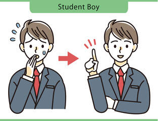 失敗して焦っている男子学生・良いアイデアが思い浮かんだ男子学生 イラスト 素材