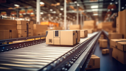 Parcel delivery, packaging and parcel services, cardboard boxes on a conveyor belt in a warehouse, transportation system concept image.