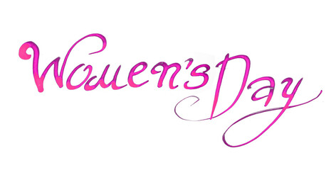 Lettering. The phrase Women's Day isolated on a white background. Pink with a gradient to dark purple. Italic font. Rounded elements and serifs.