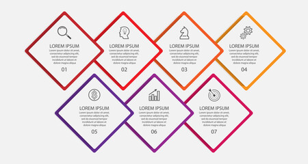 business infographic design 7 parts or steps, there are icons, text and numbers, square design with thin colored lines that are connected to each other for workflow diagrams, banners and your business