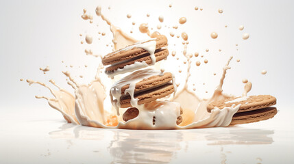 Sandwich cookies with white milk splash, 3d illustration - obrazy, fototapety, plakaty