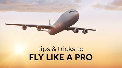 Tips and tricks to fly like a pro text with jet plane flying in sunset sky