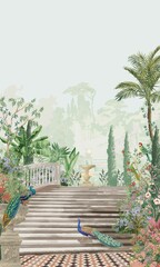 Mughal garden with stair, flower, plant, vase and peacock illustration for invitation