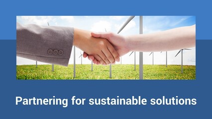 Partnering for sustainable solutions text with diverse female handshake and wind turbines in field - obrazy, fototapety, plakaty