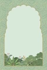 Mughal arch frame with garden, plant, flower illustration for invitation