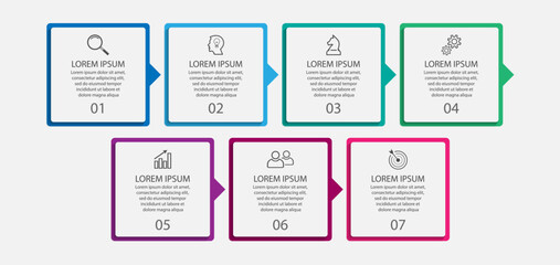 business infographic design 7 parts or steps, there are icons, text and numbers, square design with thin colored lines that are connected to each other for workflow diagrams, banners and your business