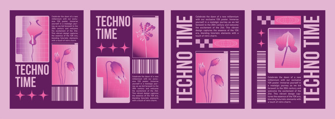 Plakaty  Y2k poster or cover design with bright pink flowers and text frame on purple background. Vector illustration of vertical banners template with elements in 2000s retro style. Trendy flyer composition.