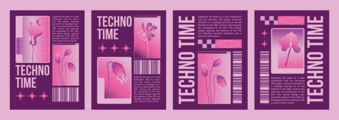 Fototapeten Y2k poster or cover design with bright pink flowers and text frame on purple background. Vector illustration of vertical banners template with elements in 2000s retro style. Trendy flyer composition. © klyaksun