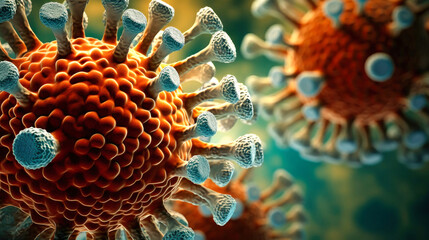 Close up macro details of red and blue microbes, viral bacteria molecules. Flu, hepatitis, cancer, AIDS. Medicine concept.