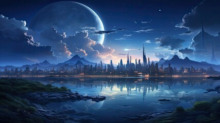 Utopia Anime Futuristic City Skyline Scenery Art Illustration. Sustainable Buildings Science Fiction Conceptual Background. Future Life AI Neural Network Digital Painting Generated Art