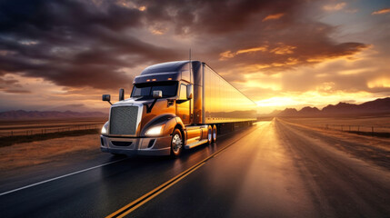 Stunning image of a semi-trailer driving down the highway during sunset. This painting captures the beauty of the golden hour and the feeling of movement on the road. Road transportation concept. - obrazy, fototapety, plakaty