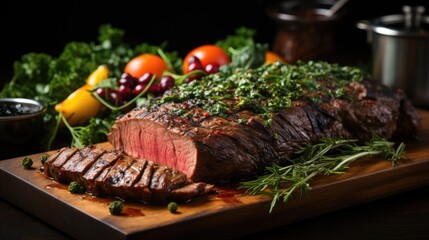 marinated grilled beef flank steak on wooden board - obrazy, fototapety, plakaty