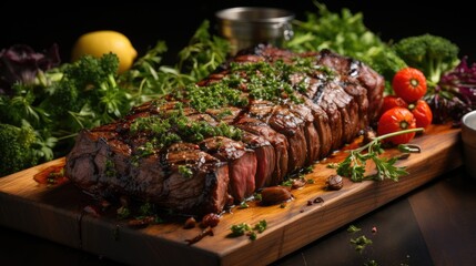 marinated grilled beef flank steak on wooden board