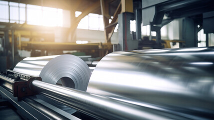 A rolling mill press machine produces a sheet of metal from a block of aluminum. Heavy metal...