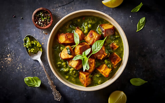Capture the essence of Aloo Palak in a mouthwatering food photography shot